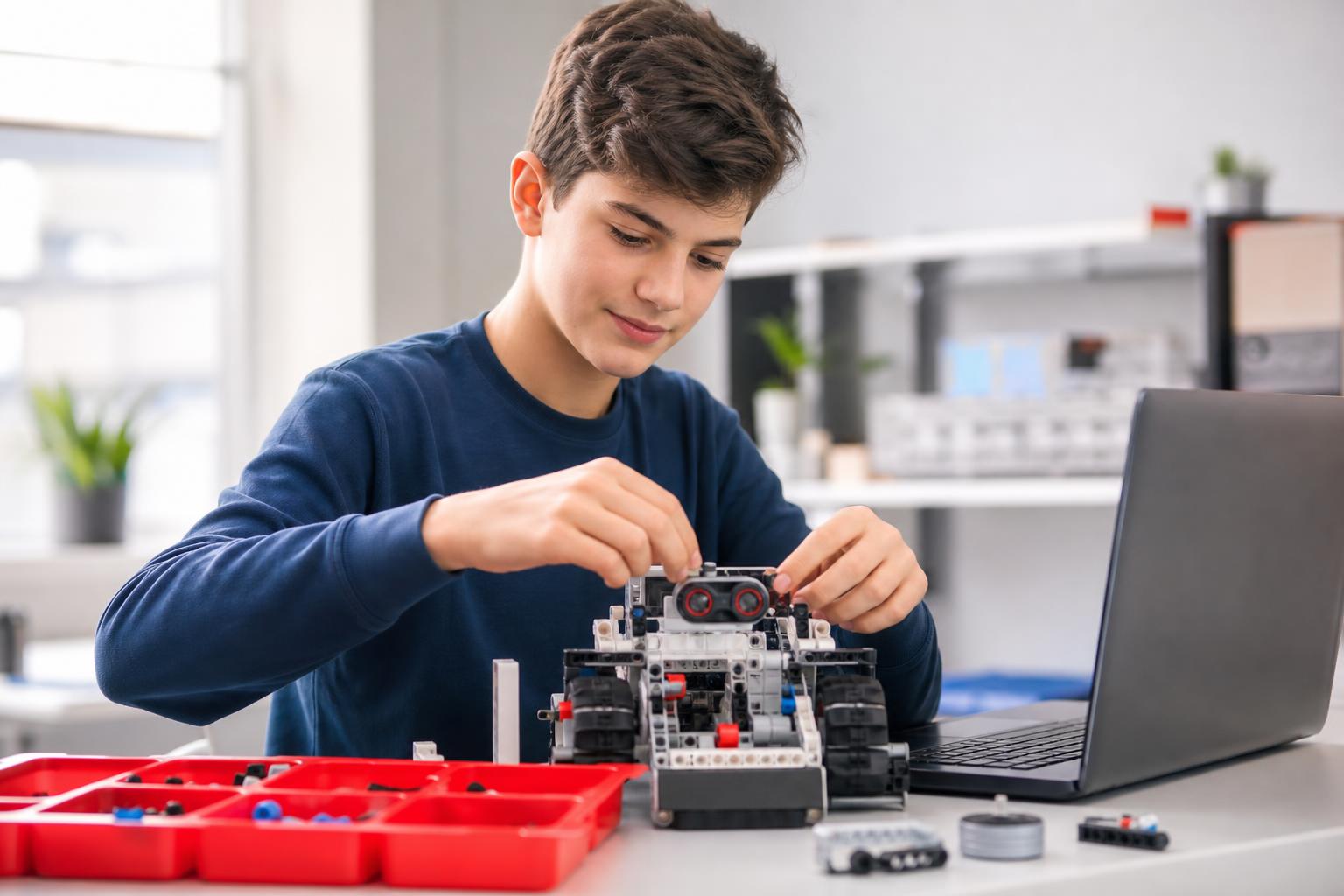 Teens building LEGO robots